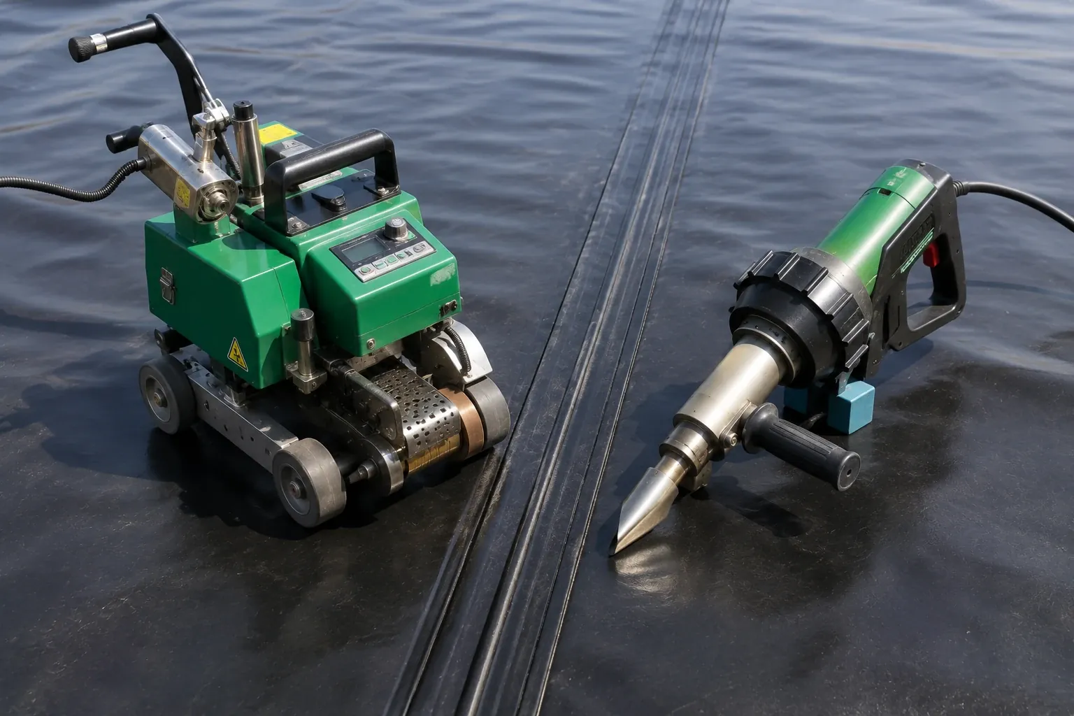 Geomembrane welding methods — hot wedge machine and extrusion welder