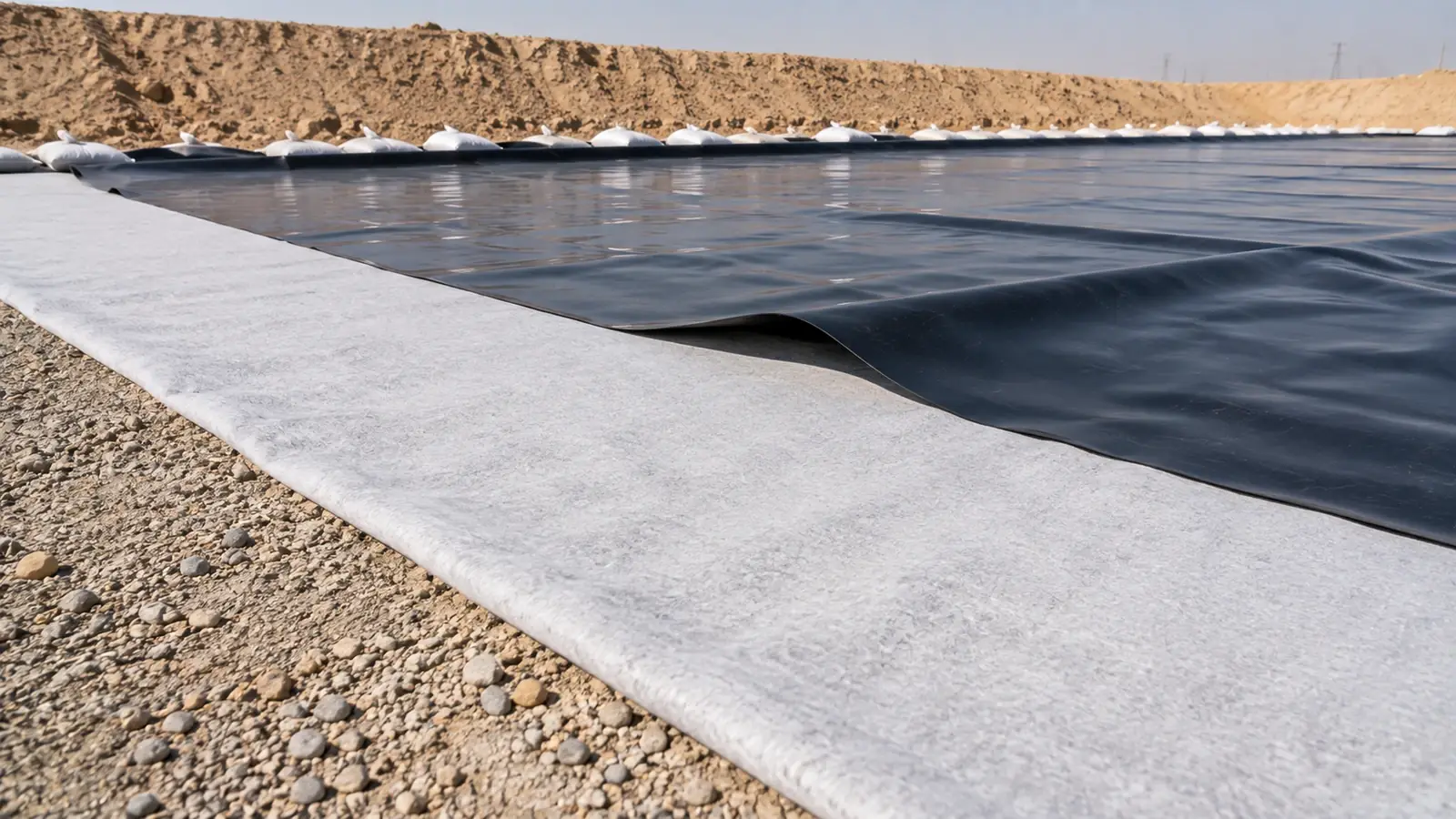 Non-woven geotextile cushion layer being laid beneath an HDPE geomembrane liner