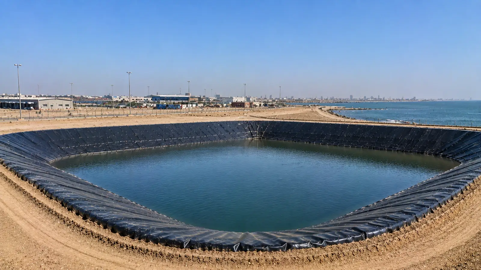 HDPE geomembrane suppliers in Al Ain lining a farm irrigation reservoir