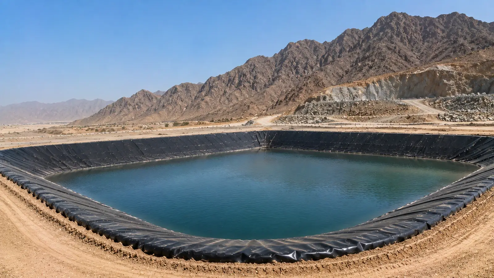 HDPE geomembrane suppliers in Ras Al Khaimah lining a quarry settlement pond