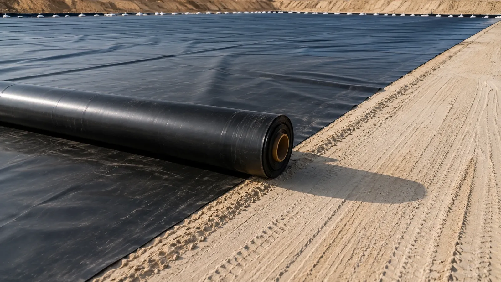 HDPE geomembrane supply rolls with roll number labels on a UAE site